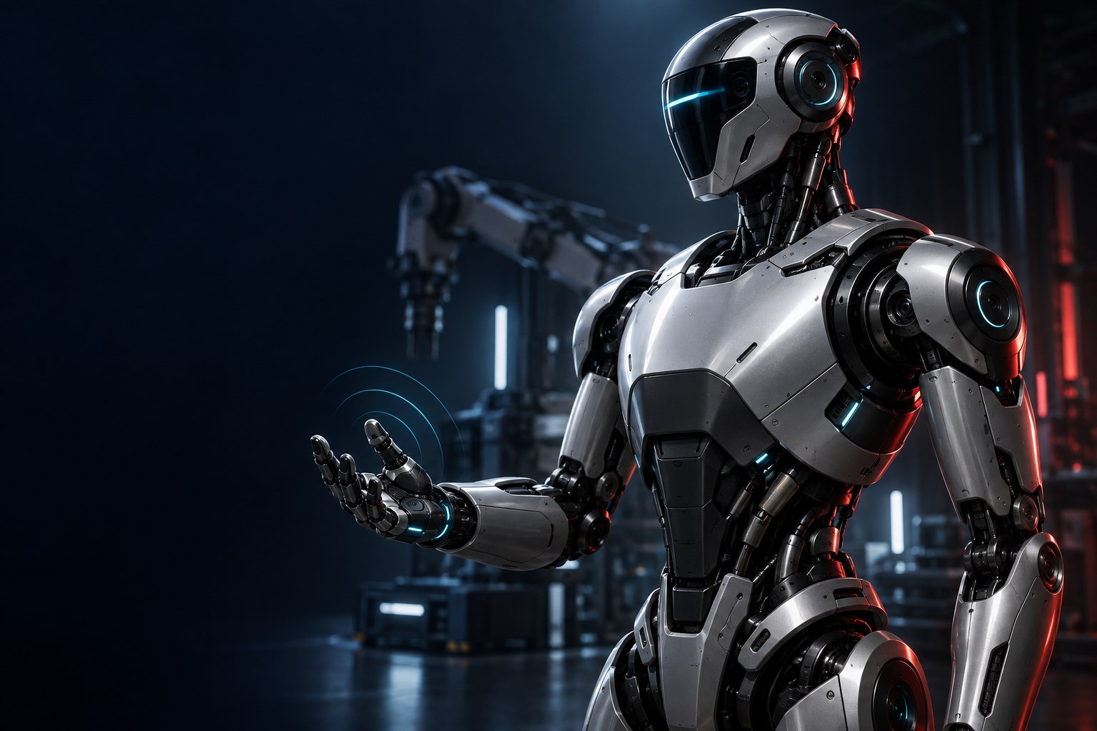 Concept illustration of a humanoid robot with illuminated sensors and an industrial robotic arm